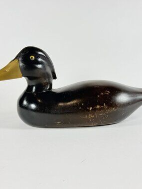 Vintage Carved Wood Decoy Duck w/ Tan Beak 12 in Black Duck Country Decor